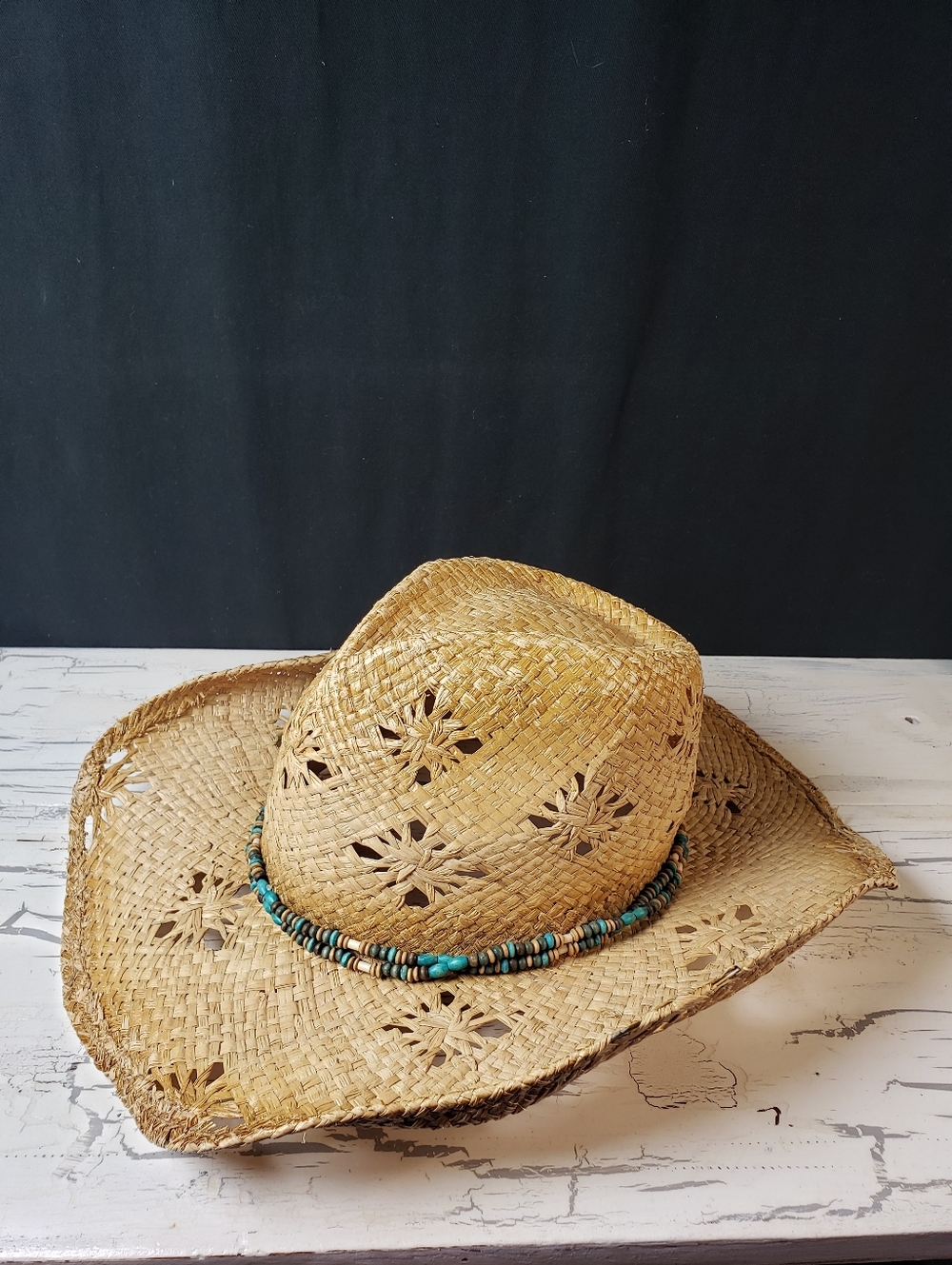 Distressed Style Straw Cowboy Hat with Faux Turquoise Beaded Hatband - OS Unisex - Picture 3 of 14